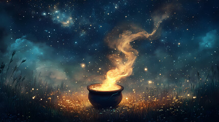 A dark cauldron emits swirling smoke and glowing light in a serene meadow surrounded by tall grass beneath a vast twinkling starry sky. Starry Meadow. Illustration