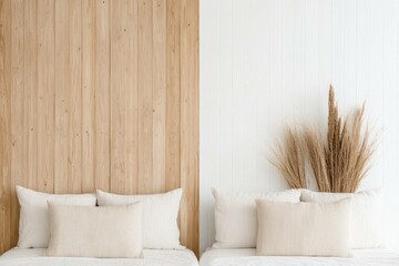 Neutral and Serene Bedroom with Beige Pillows and Dried Grass, Perfect for Relaxation and Minimalist Home Decor