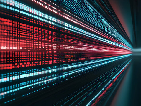 Binary Code Streams Converge and Flow into Vanishing Point in Abstract Digital Realm