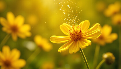 Obraz premium Yellow flower releasing pollen, vibrant green background, soft focus