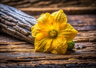 Vibrant Sponge Gourd Flower on Rustic Burl Wood Background - Stock Photo