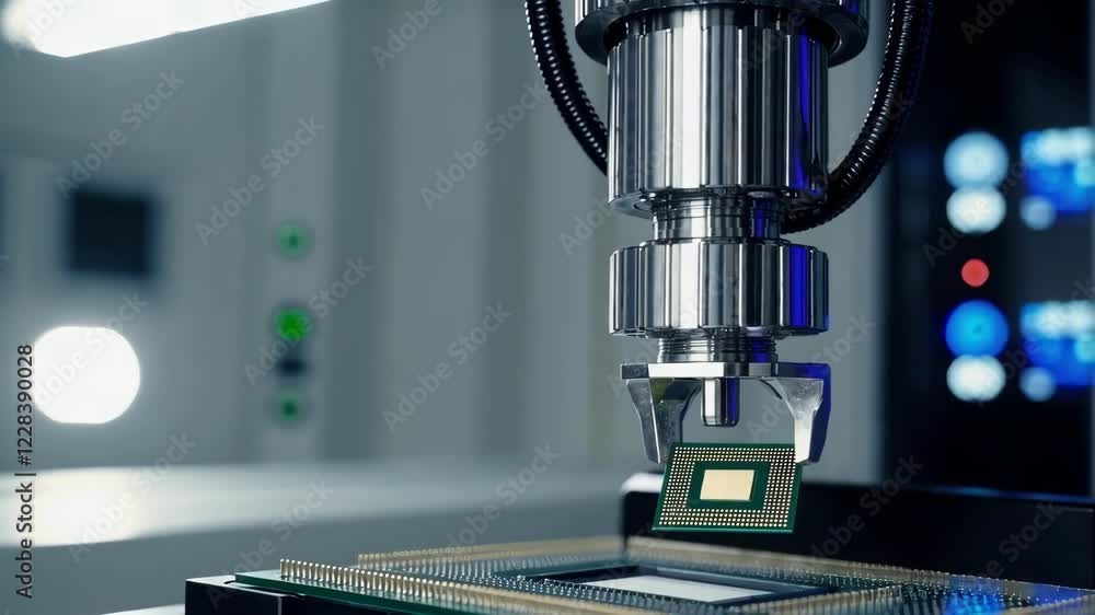 Poster precision robotics footage capturing chip assembly process in clean room environment