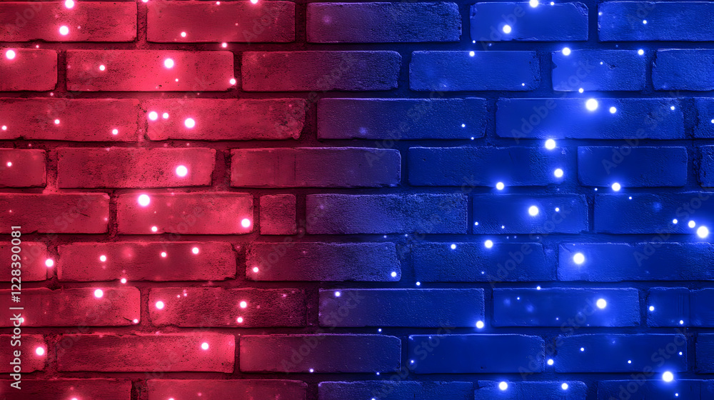 Sticker Red and Blue Brick Wall Background Creates a Vibrant and Dynamic Visual Design with Festive Lights