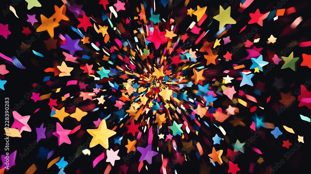 Aufkleber exploding colorful star shapes on dark background creating a festive and dynamic image