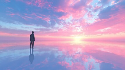 Obraz premium Silhouetted figure standing on reflective surface during vibrant sunset with colorful clouds