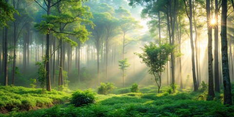 Serene forest landscape with greenery and blurred light highlights on a misty morning, fog