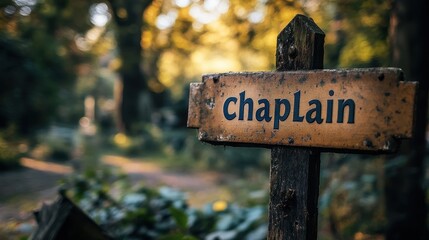 A Rustic Wooden Sign Marked "Chaplain" Set Against a Lush Green Forest Background with Sunlight Filtering Through the Trees on a Serene Pathway