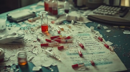 Naklejka premium Abandoned Laboratory: A Mess of Medical Supplies and Documents