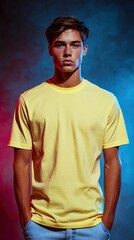 Portrait of a Young Man in Yellow T-Shirt Against a Dramatic Red and Blue Background
