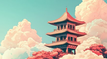 Tranquil Pagoda Surrounded by Fluffy Clouds and Cherry Blossoms
