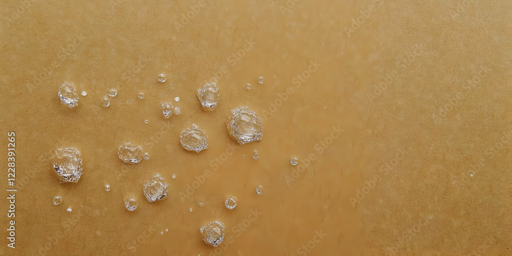 Poster Clear Gel Drops on a Tan Surface Creating a Textured Abstract Background with Soft Lighting