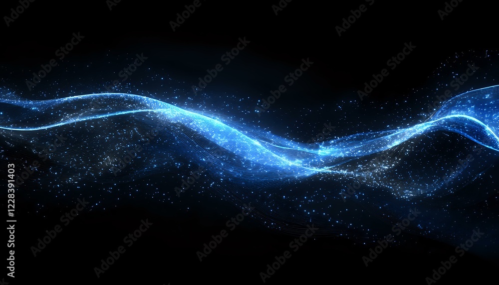 Poster glowing blue energy wave with sparkles flowing through dark space, creating dynamic light trails and