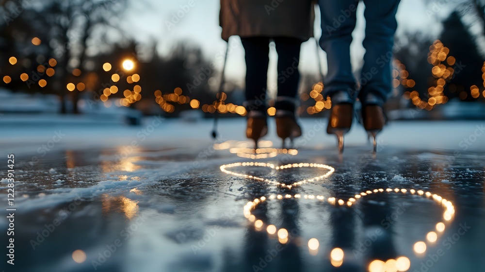 Poster romantic couple standing near heart shape made of lights reflected in puddle at dusk, with bokeh eff
