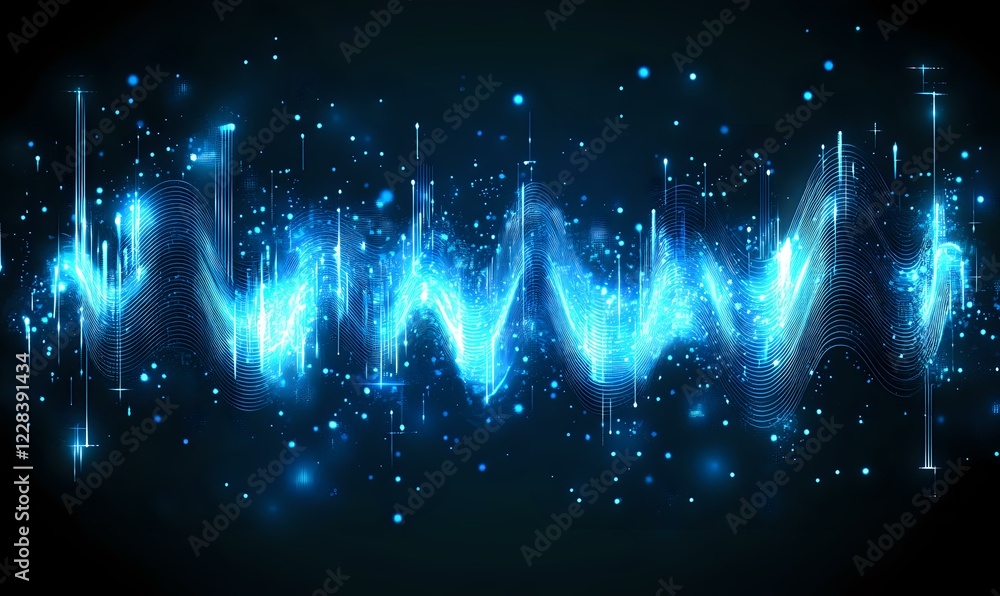 Poster glowing blue sound wave visualization with sparkles and light effects on dark background, digital au