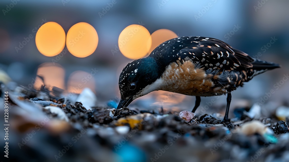 Poster bird foraging on ground at dusk with glowing bokeh lights in background creating magical atmosphere,
