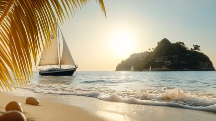 Naklejka premium Tranquil beach scene at sunset with a sailboat gliding past a lush island, creating a serene atmosphere