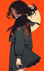 Mysterious Girl in a Dark Sailor Uniform with a Fiery Orange Background
