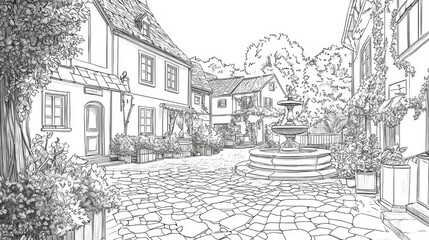 Charming Village Square with Fountain Surrounded by Cozy Houses