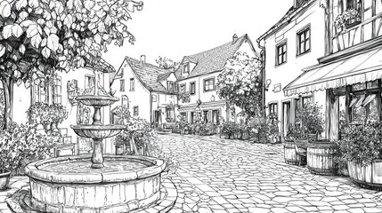 Obraz premium Charming Village Scene with Fountain and Quaint Architecture