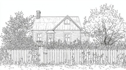 Obraz premium Hand-Drawn Illustration of a Cozy House Surrounded by Nature