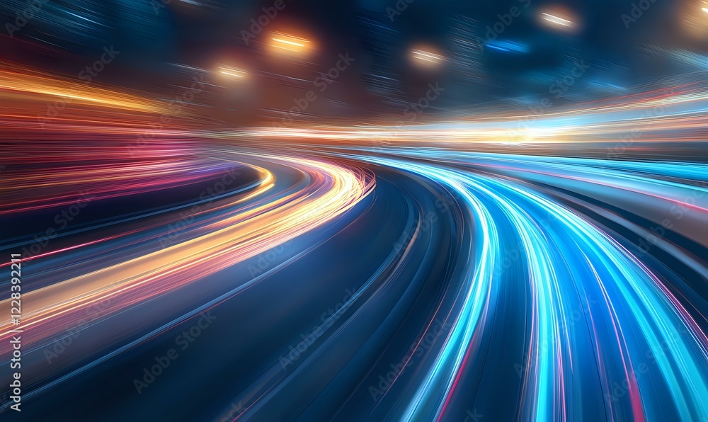 Poster abstract motion blur of lights on curved highway at night with vibrant blue and orange light trails 