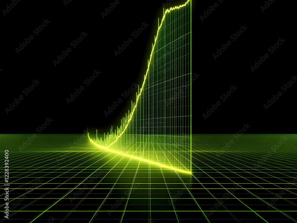 Poster 3d green glowing line graph shows growth progress over time on a grid background