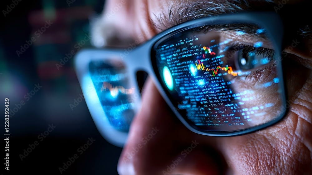 Poster young asian male programmer looking at computer code reflected in glasses while working late, blue l