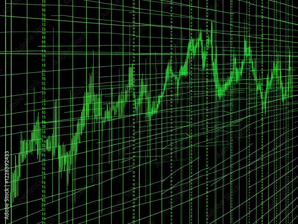 Poster green line graph shows fluctuations on a dark grid background accurately and precisely.