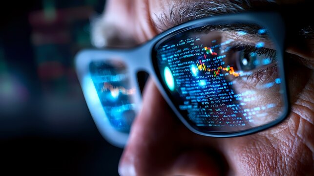 Young Asian male programmer looking at computer code reflected in glasses while working late, blue light illuminating face in dark environment.