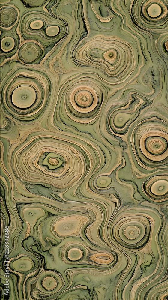 Poster abstract green and beige swirls form concentric circles in a visually intriguing pattern