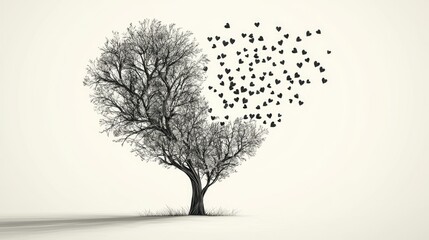 Obraz premium Heart-Shaped Tree with Flying Hearts in Artistic Minimalist Style