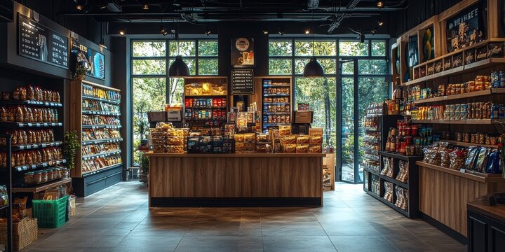 A well-stocked modern grocery store interior with neatly arranged shelves, natural light streaming in, and a variety of products on display for customers