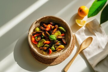 Colorful bowl of sautéed earthworms with fresh vegetables and citrus on a light background