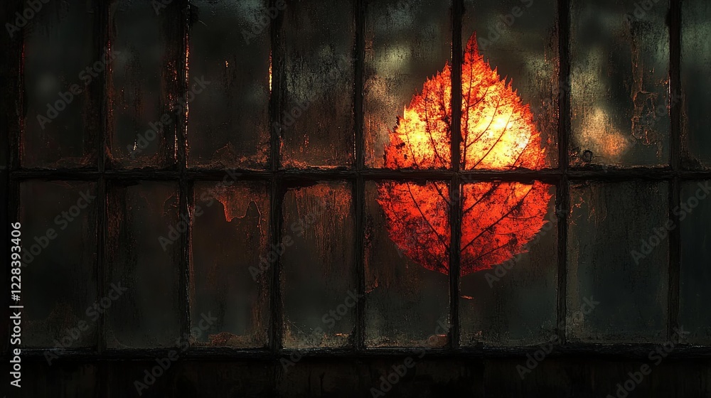 Poster frosted window panes with a vibrant red leaf illuminated by sunlight. generative ai