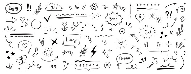 Cute line sketch star, arrow, cloud decoration element icon set. Hand drawn sketch doodle cute star, heart, flower element. Line text decoration scribble shape icon. Hand drawn Vector illustration.