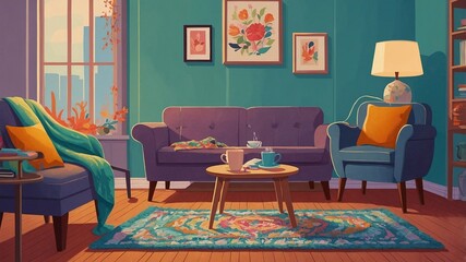 Vibrant living room adorned with colorful decor, a cozy atmosphere designed for relaxation, featuring a woman enjoying a moment of peace and tranquility surrounded by nature