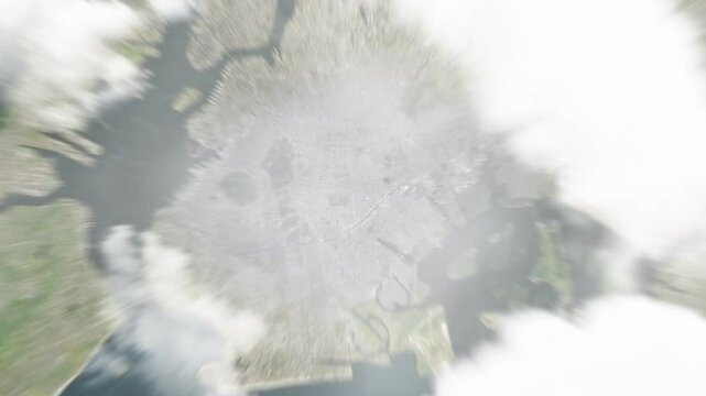Earth zoom in from space to East Flatbush, New York, USA. Followed by zoom out through clouds and atmosphere into space. Satellite view. Travel intro. Images from NASA