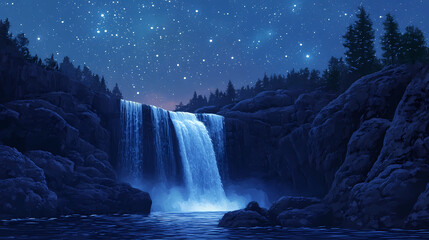 Majestic nightfall: serene waterfall cascading under starlit sky. Starlit Falls. Illustration