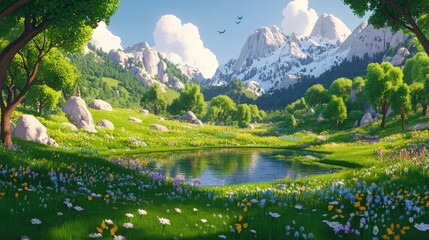 Fototapeta premium Vibrant spring landscape showcasing a serene pond surrounded by colorful wildflowers and mountains
