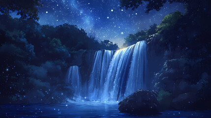 Majestic nightfall: serene waterfall cascading under starlit sky. Starlit Falls. Illustration