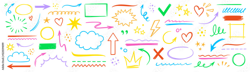 Poster line hand drawn marker arrow, heart, text highlight brush color shape element set. hand drawn sketch