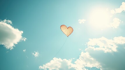 Fototapeta premium Heart-Shaped Kite Flying Against Blue Sky and Fluffy Clouds