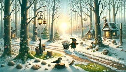 A Heartwarming Scene of a Bird Postman Delivering Letters in a Thawing Spring Forest