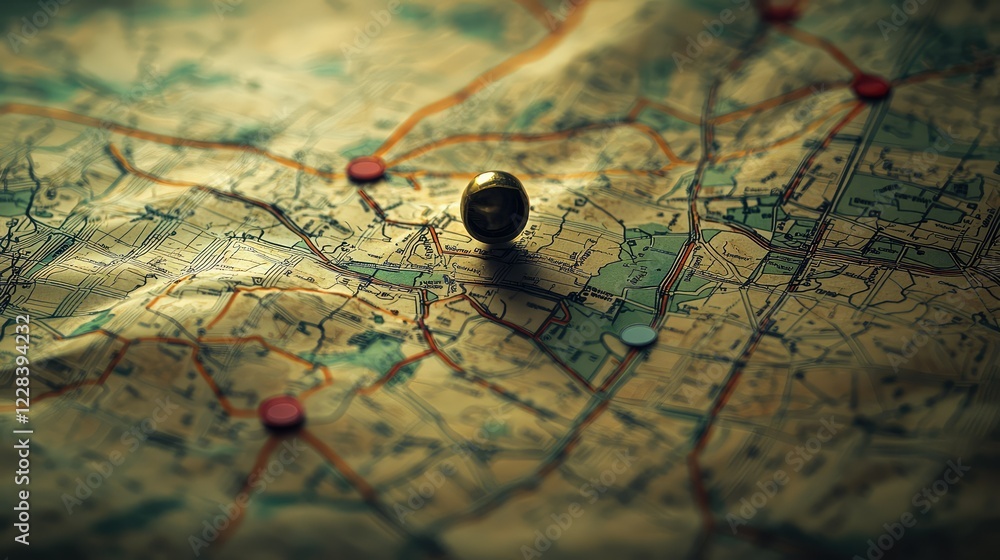Poster detailed map with navigation pin pointing a location in focus