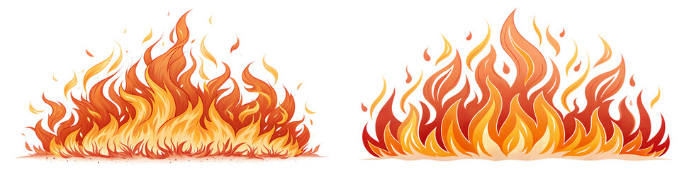 set of bright and dynamic fire flames,  isolated soft focus on the transparent background