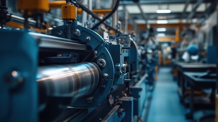 Fototapeta premium Close-up of industrial machinery, metallic blue tones. Illustrates advanced manufacturing processes and technology.