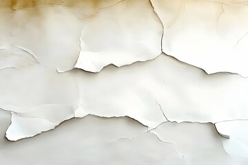 Cracked white paint peels off a wall, showing layers and texture in an abstract pattern.