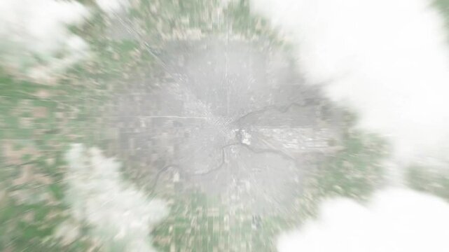 Earth zoom in from space to Modesto, California, USA. Followed by zoom out through clouds and atmosphere into space. Satellite view. Travel intro. Images from NASA