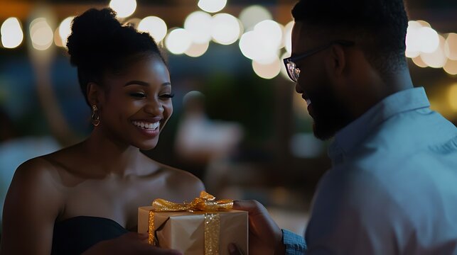 Young couple exchanging meaningful gifts during a surprise date, filled with joy and excitement