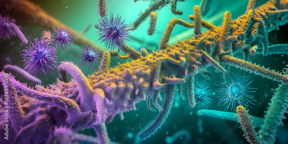 Poster microscopic view of complex microorganisms interacting in a vibrant ecosystem.